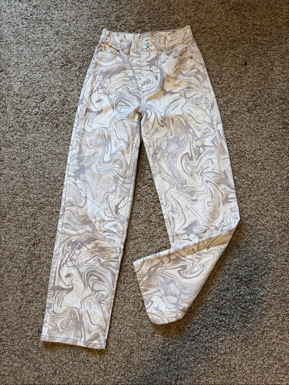 BDG Marble-Print Galaxy Hippie High Rise Baggy Fit Jeans in Cream and Tan